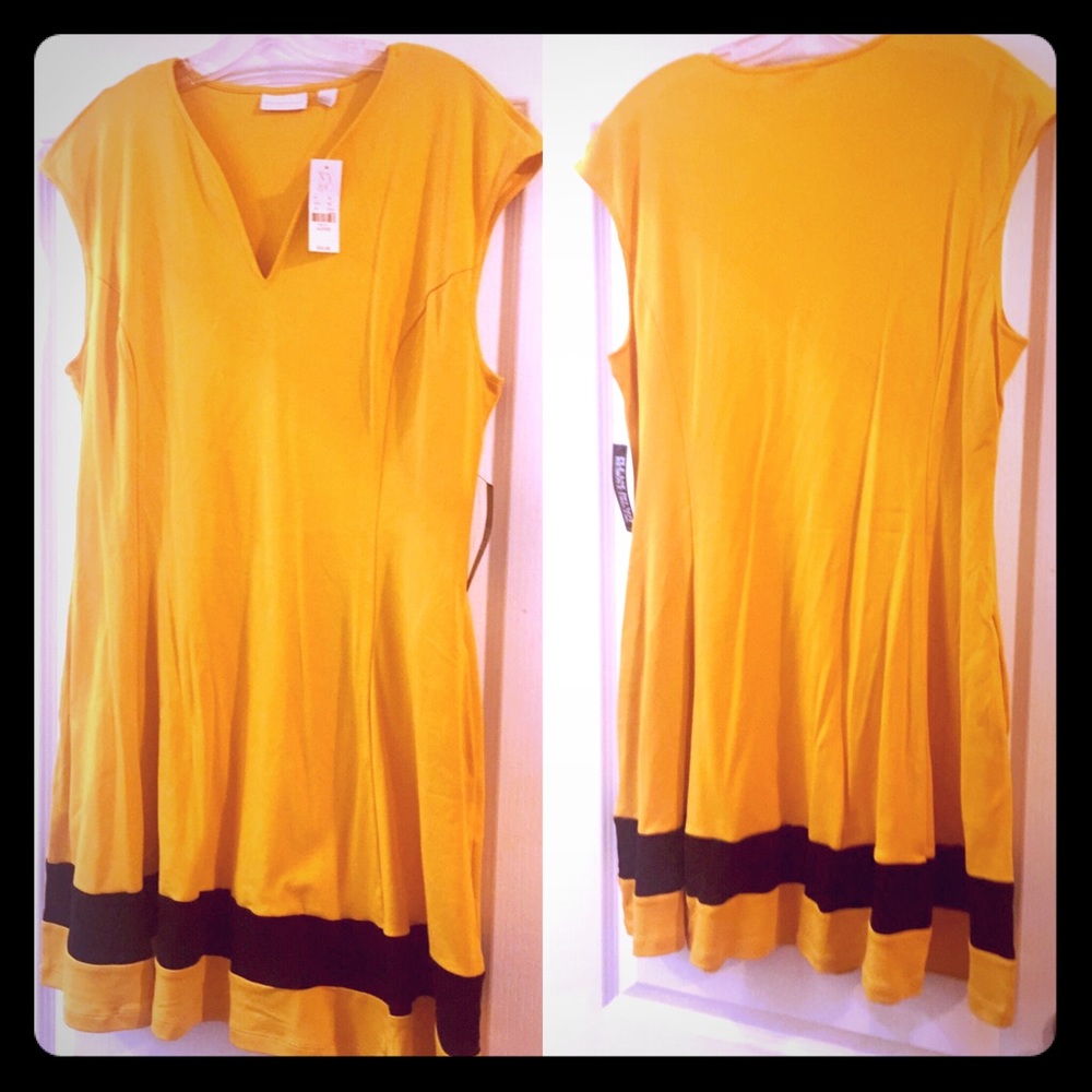 Mustard Dress with Black stripe! Hits below knee!